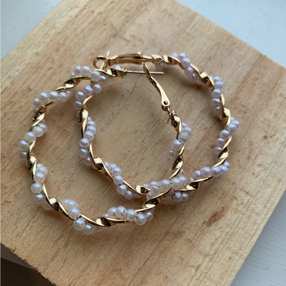 Spiral Pearl and Gold Hoops